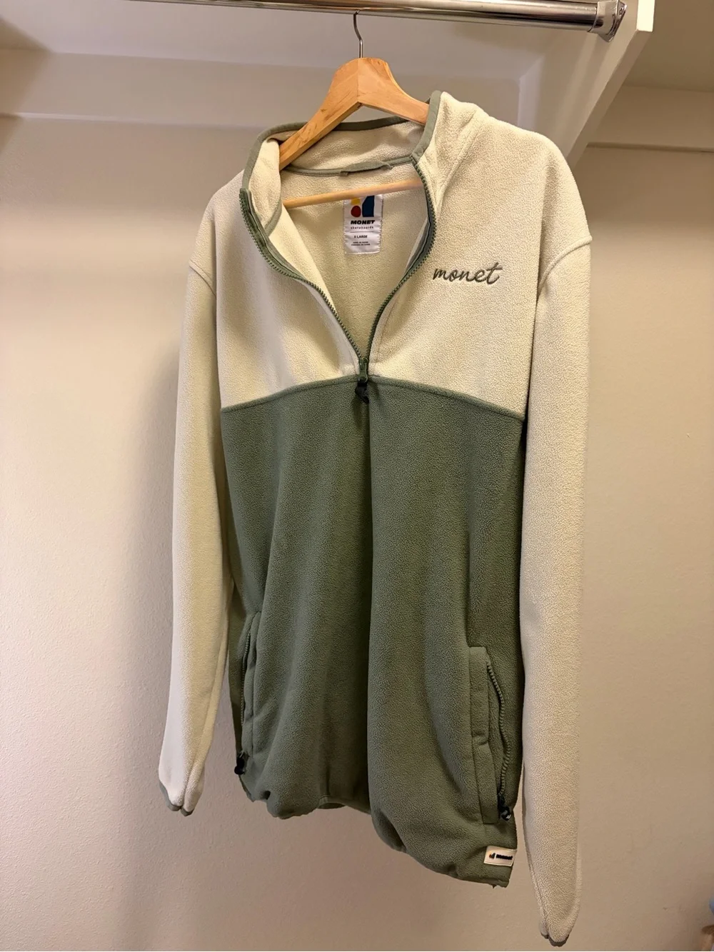 Monet Two-Tone Half-Zip Teddy Fleece Jacket in Cream and Sage Green